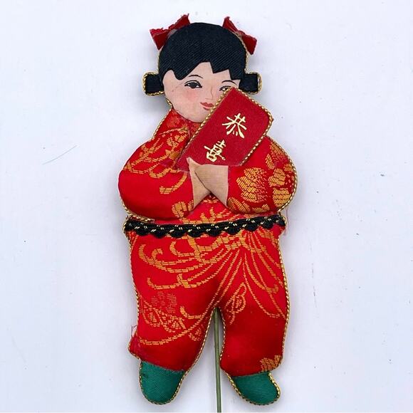 Vintage Oriental Lunar New Year Girl Red Envelope Silk Flat Figure Floral Pick - Picture 1 of 7